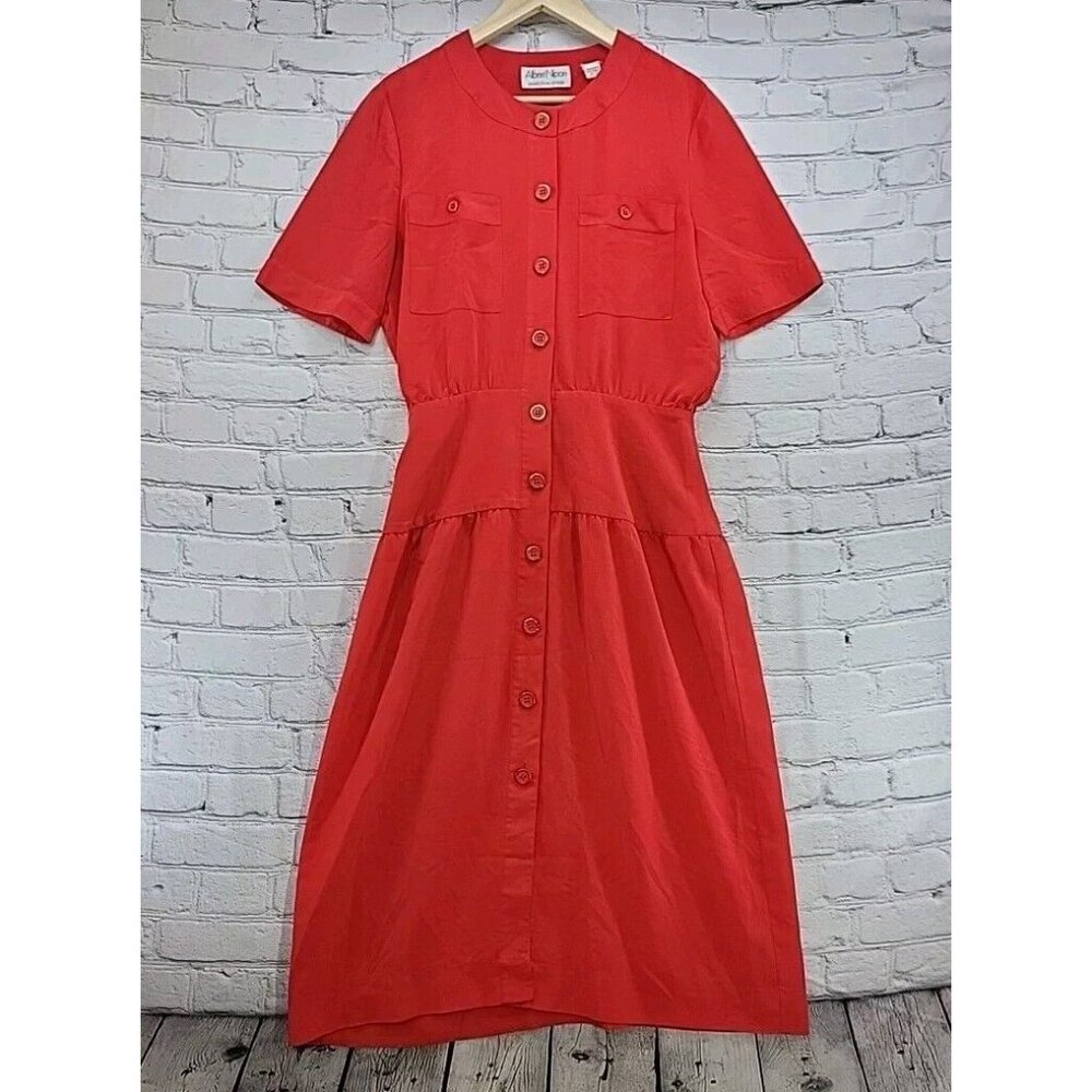 Albert Nipon Vintage Secretary Executive Dress Red Sz 10 Button Front Flaw Spot